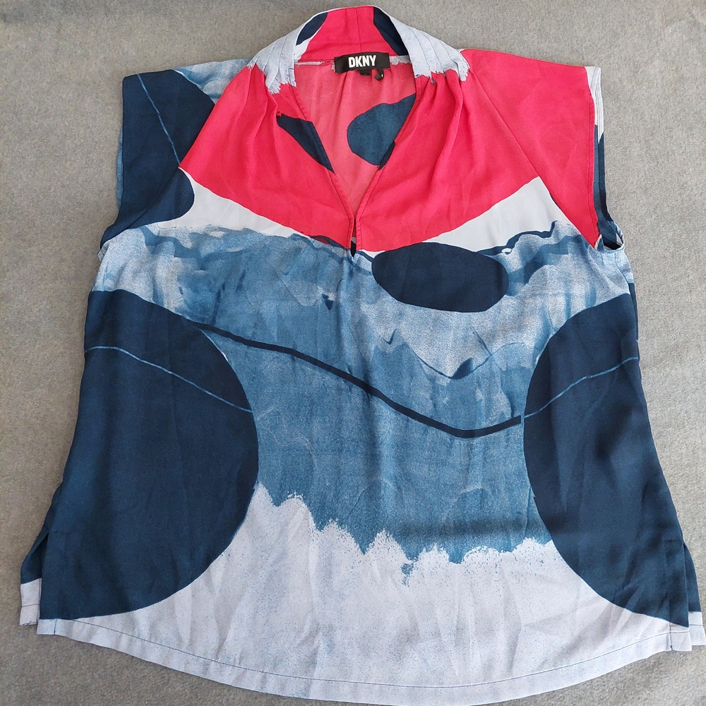 DKNY Abstract Art Print Sleeveless V-Neck Blouse - Red & Blue - XL